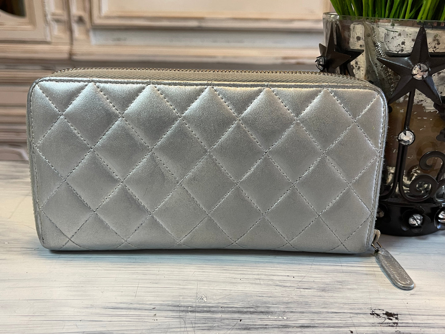Chanel Quilted Mateslase Lambskin Silver Zip Around Wallet