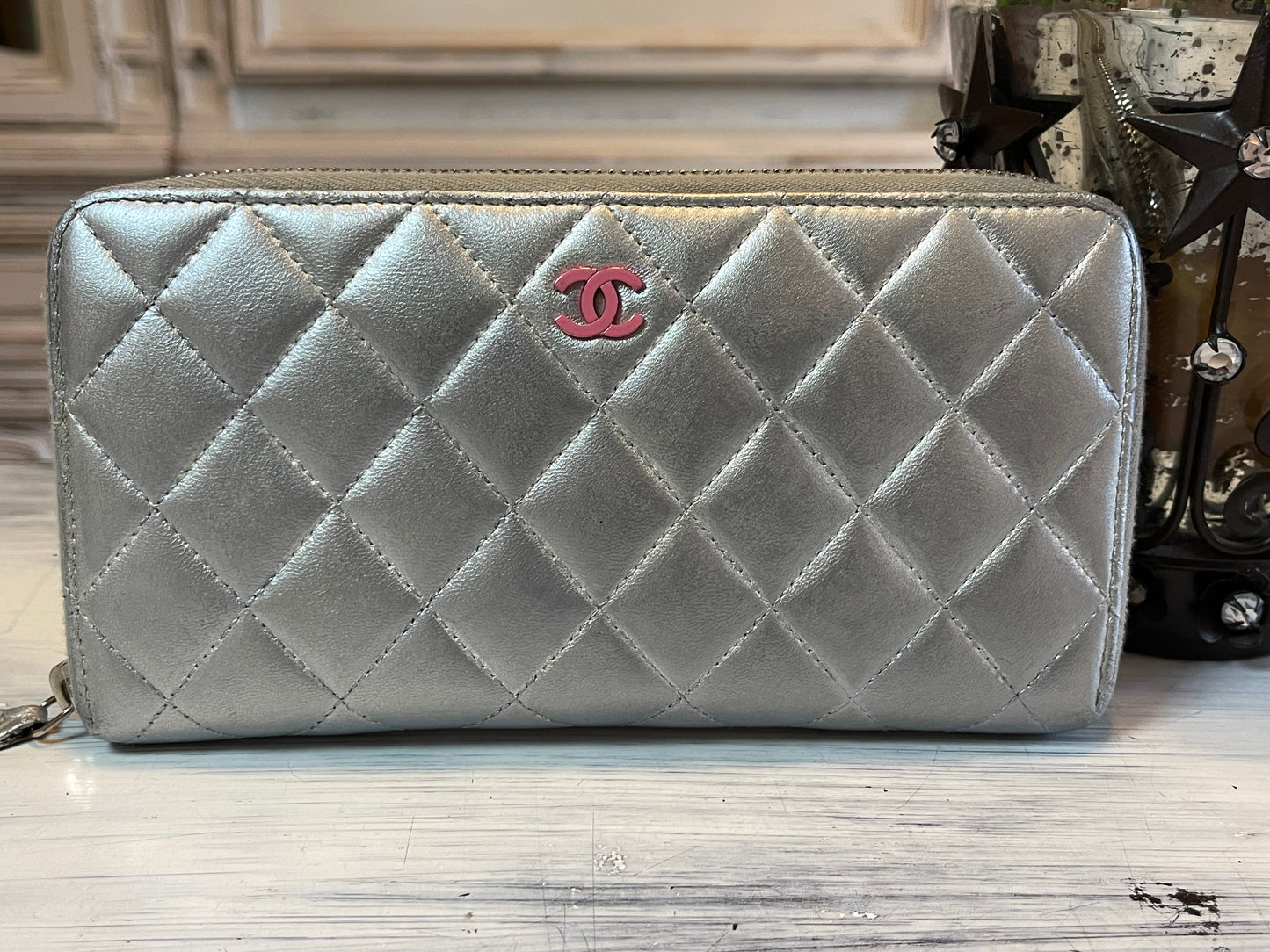 Chanel Quilted Mateslase Lambskin Silver Zip Around Wallet