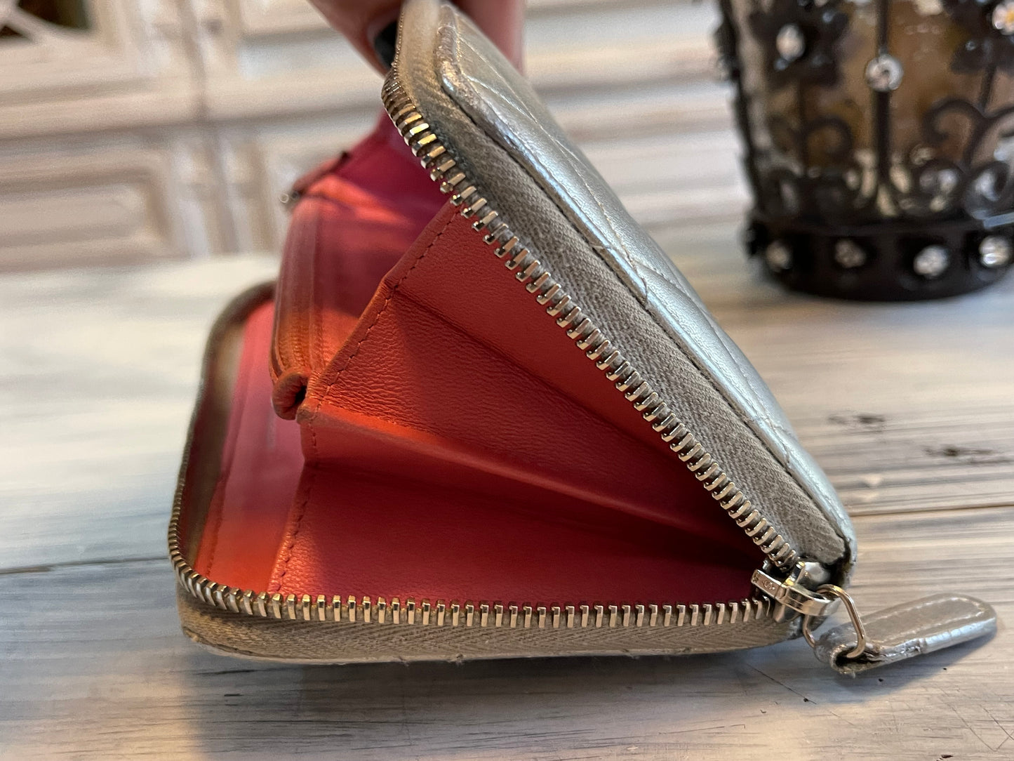 Chanel Quilted Mateslase Lambskin Silver Zip Around Wallet