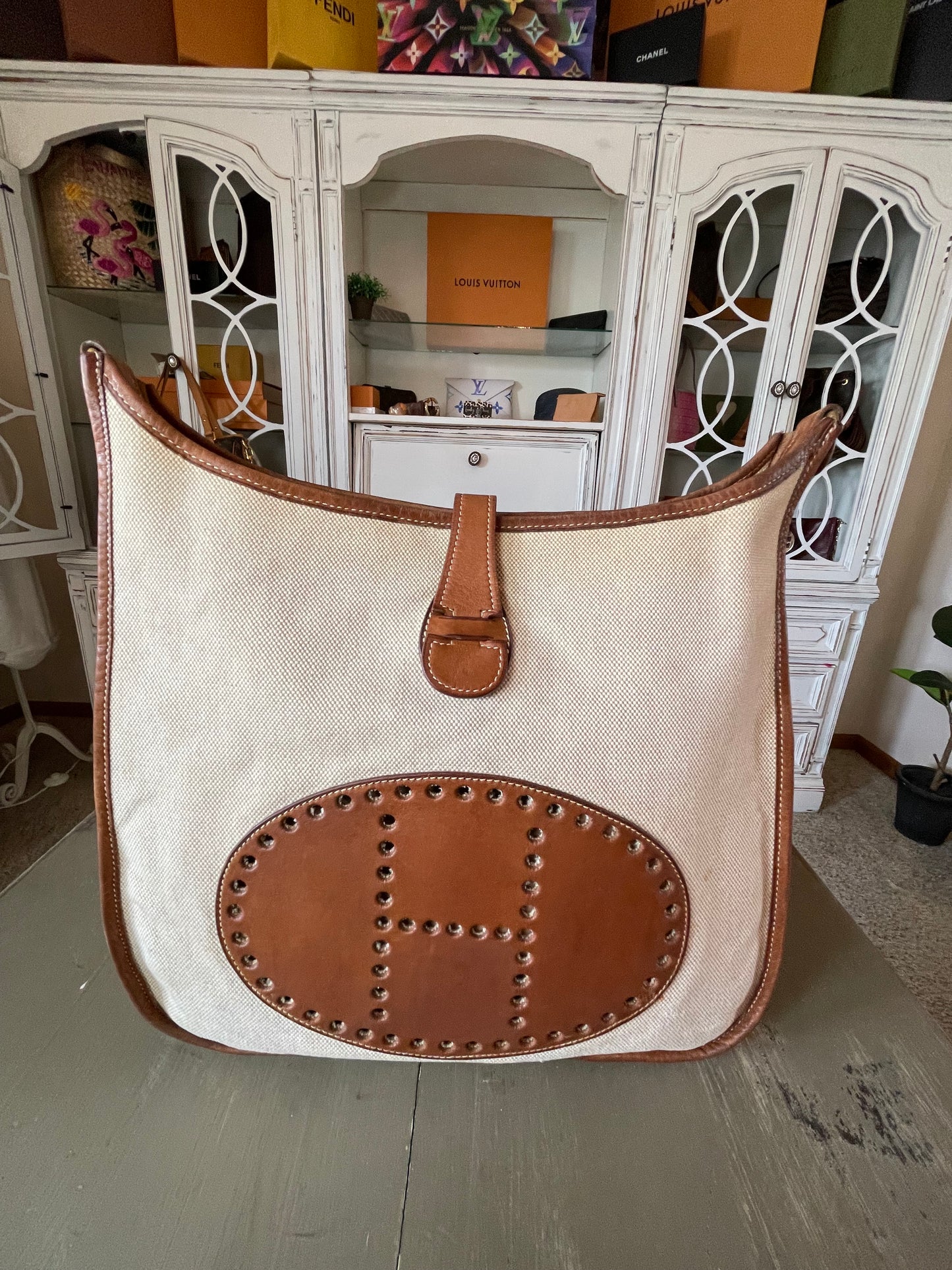 Hermés EVELYN 1 GM Canvas & Leather Shoulder Bag