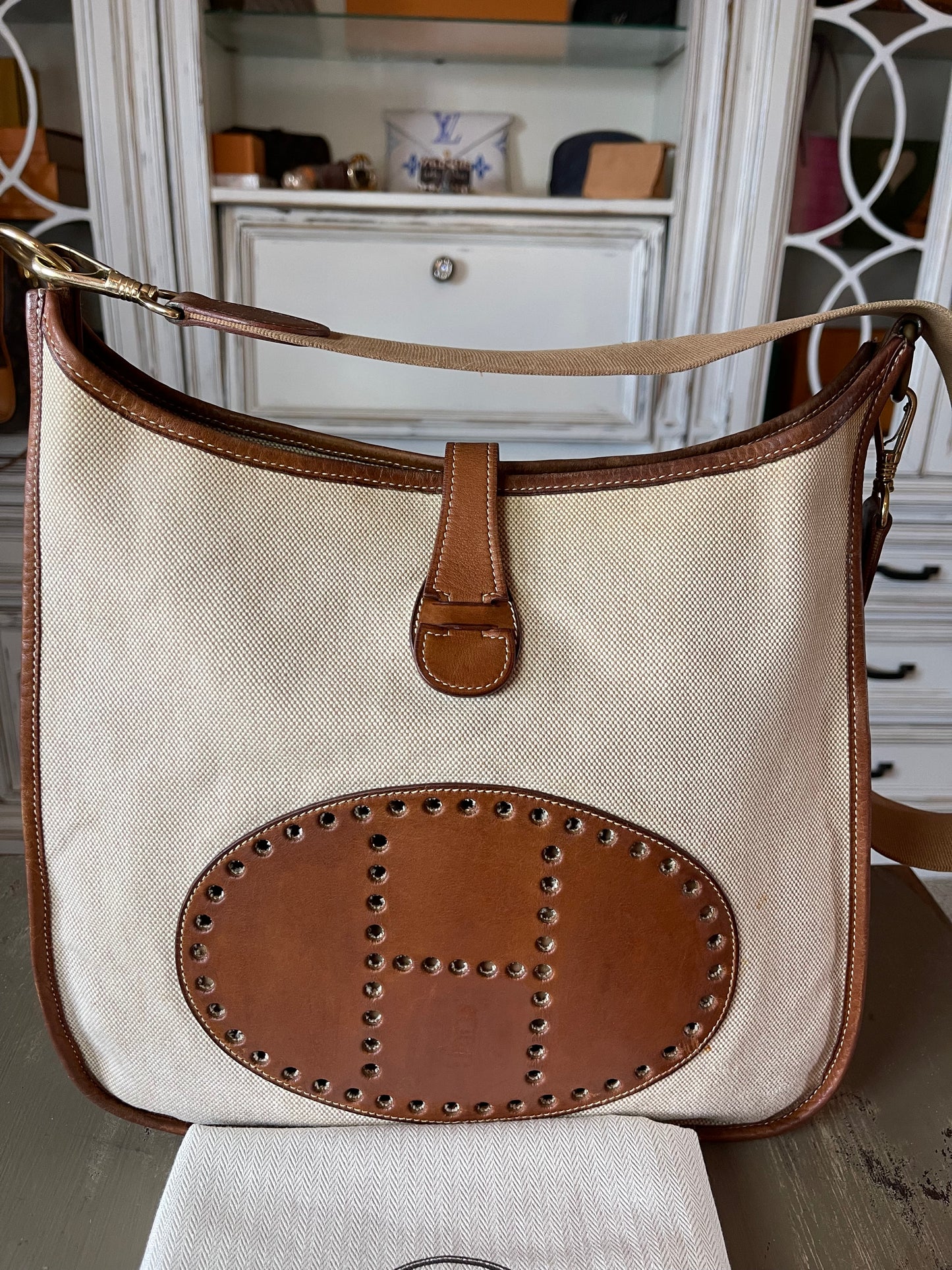 Hermés EVELYN 1 GM Canvas & Leather Shoulder Bag