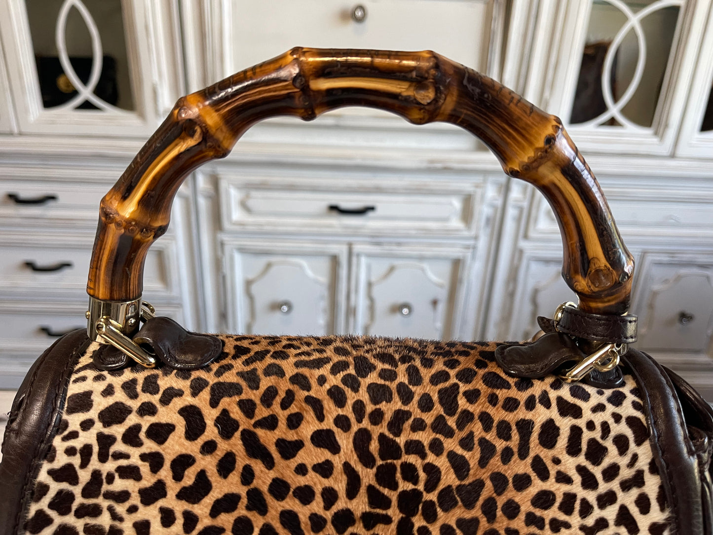 Gucci New Convertible Bamboo Top Handle Bag Leopard Print Pony Hair