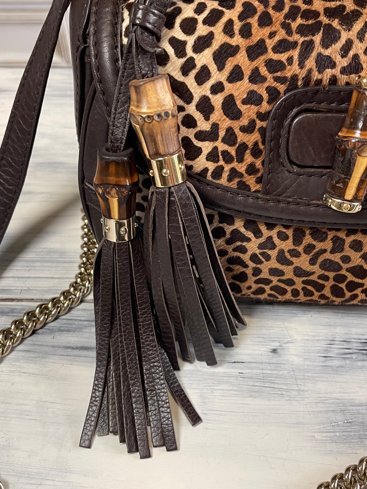 Gucci New Convertible Bamboo Top Handle Bag Leopard Print Pony Hair