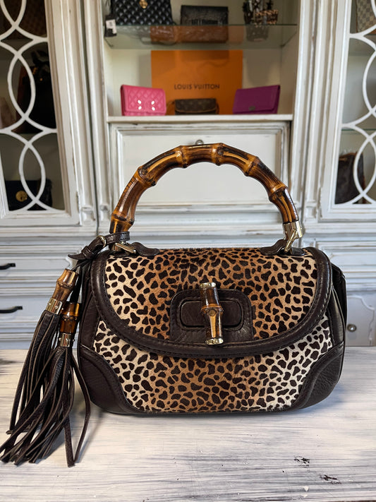 Gucci New Convertible Bamboo Top Handle Bag Leopard Print Pony Hair