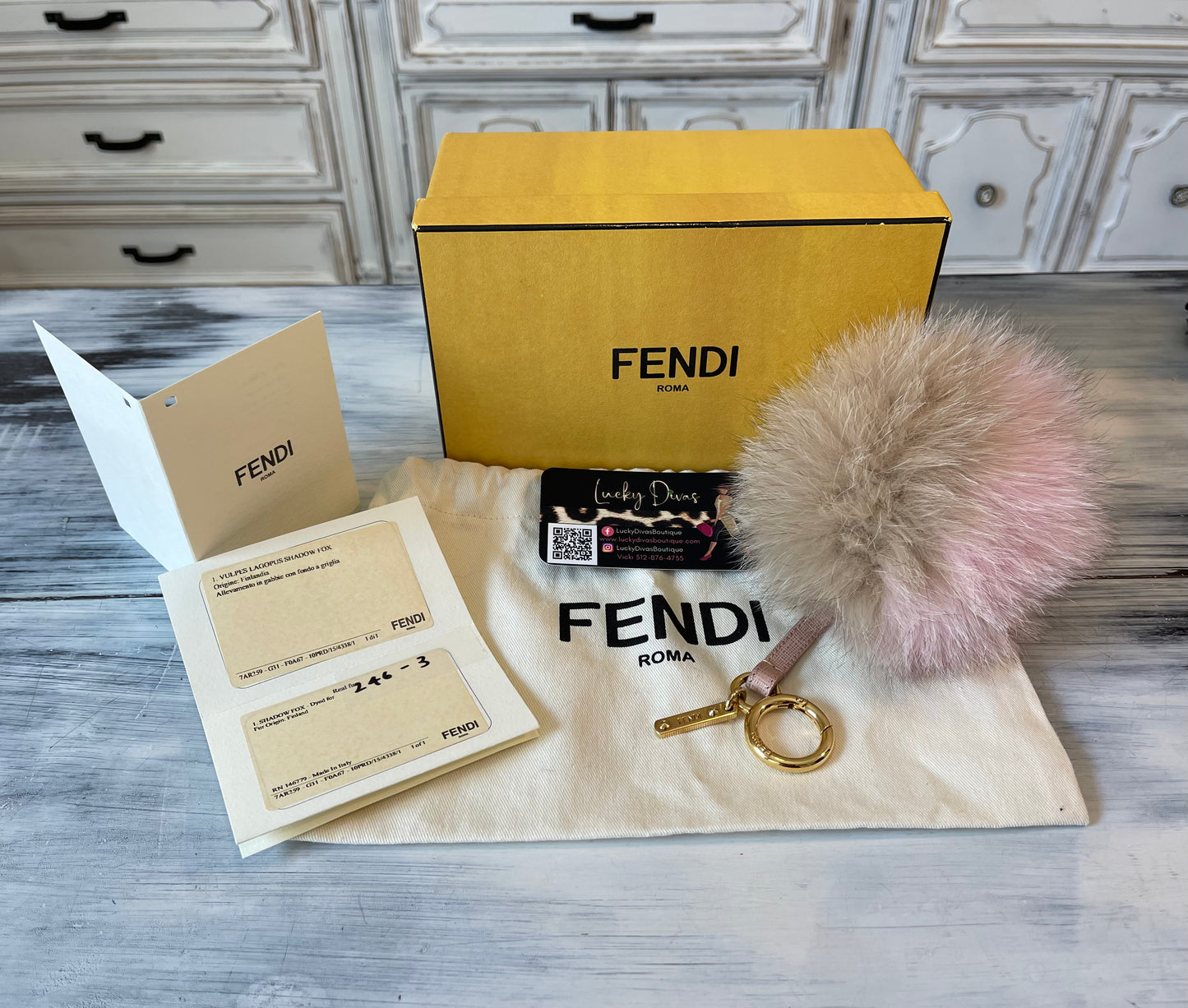 Fendi Pom Pom purse charm Lucky Divas Boutique